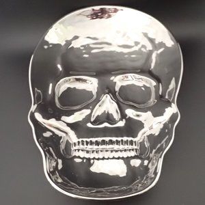 Dept.56 RARE,  HALLOWEEN Skull silver ceramic platter. LG./Scary/Holiday
